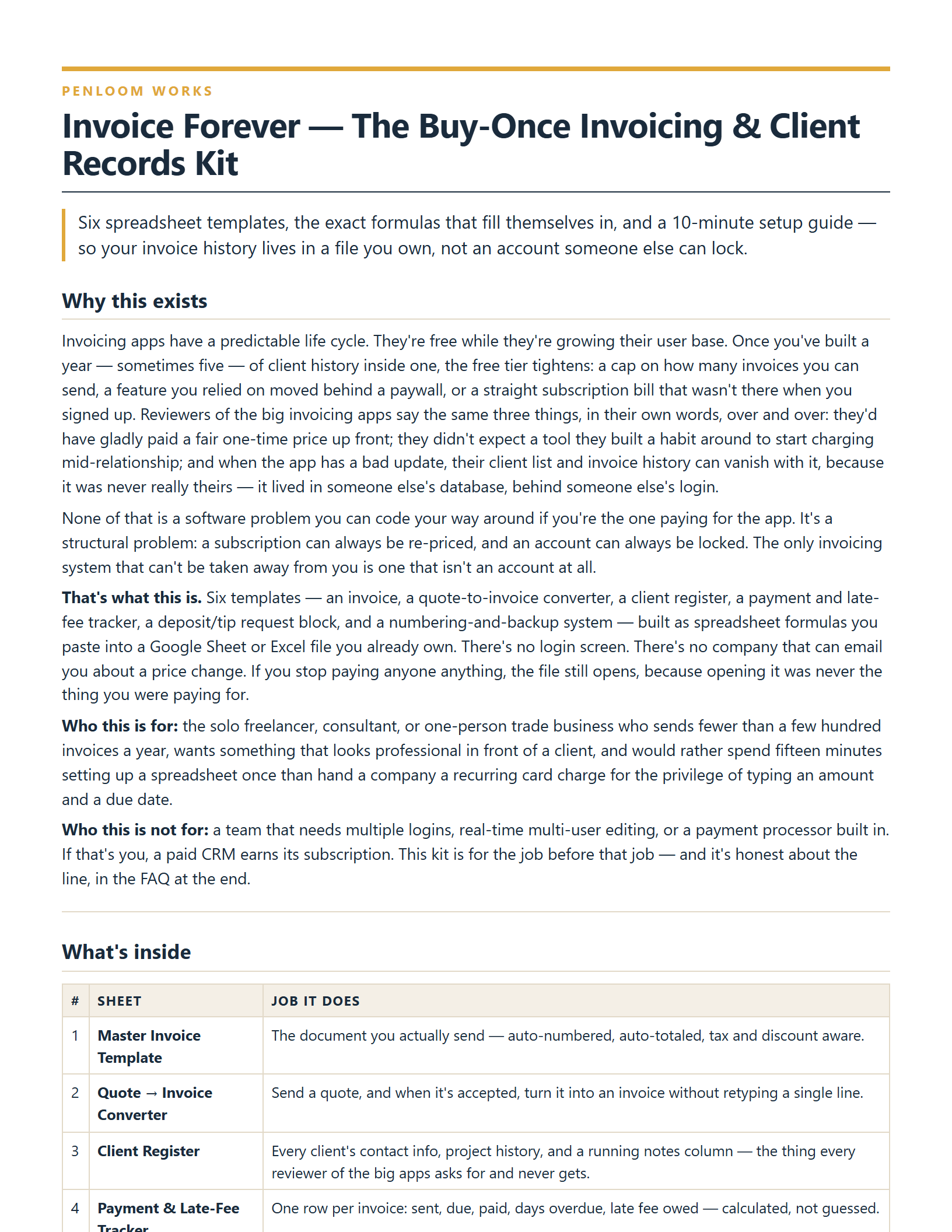 Preview of the Invoice Forever buy-once invoicing and client records kit