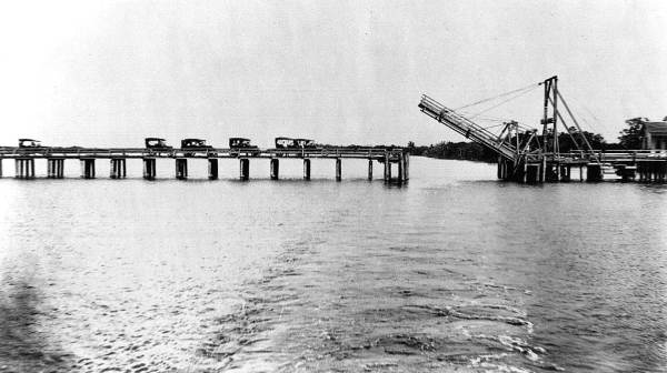 The original wooden Fort Myers Beach bridge, circa 1920