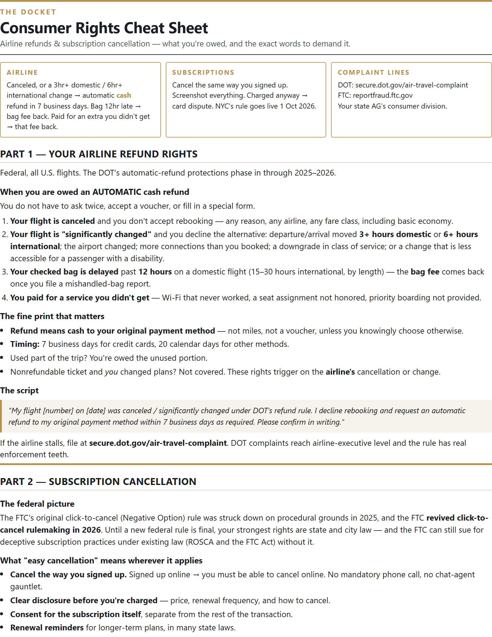 Cover of the Summer 2026 Consumer Rights Cheat Sheet